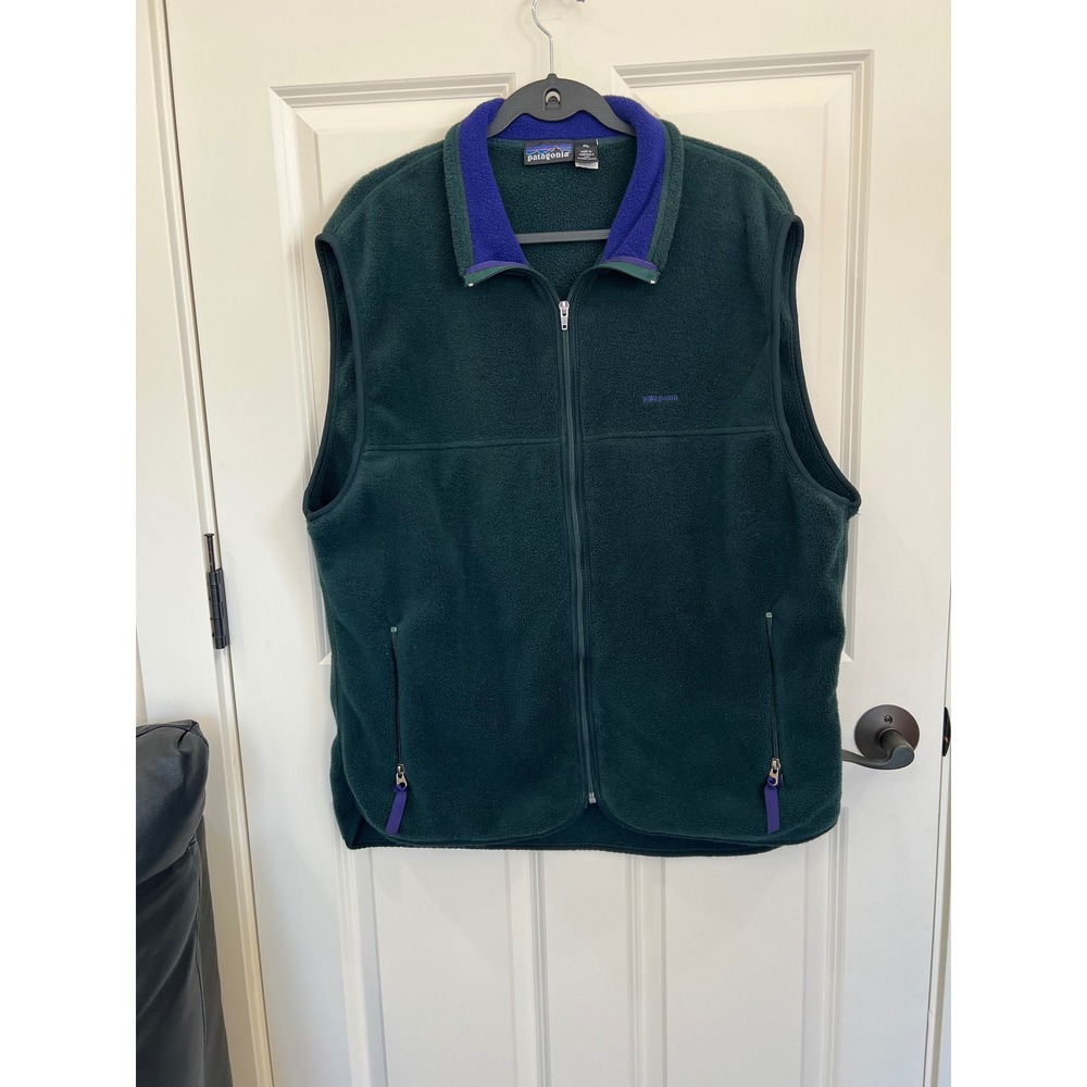 Patagonia Vintage 90s Spell Out Full Zip Fleece Vest Jacket Green Purple USA  XL